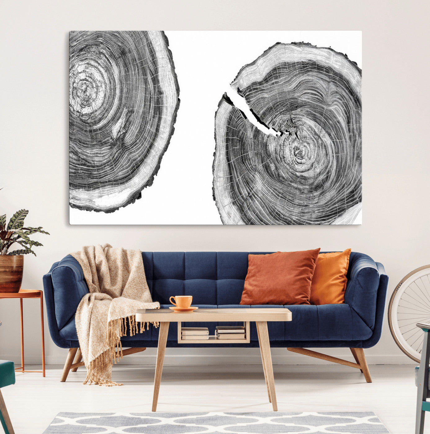 23016-MGV-CV-36X24-Modern Black and White Tree Rings Canvas Wall Art – Nature Inspired Wood Slice Print – Minimalist