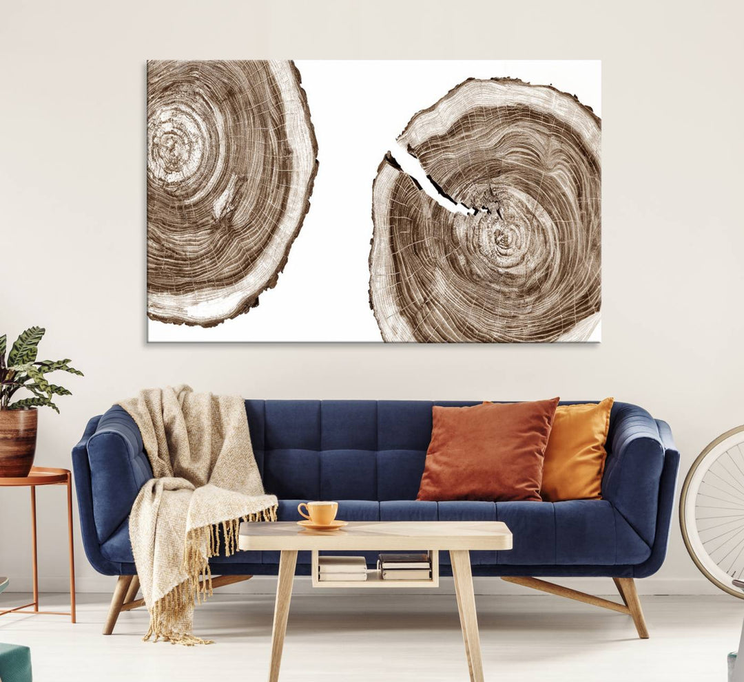 Wood Tree Ring Wall Art on a minimalist black and white canvas.