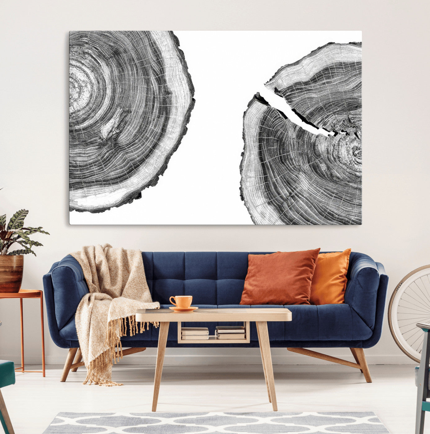 MGV-CV-36X24 - Abstract Large Tree Rings – Minimalist Black and White Wood Art | Triptych Canvas, Modern Wall Decor