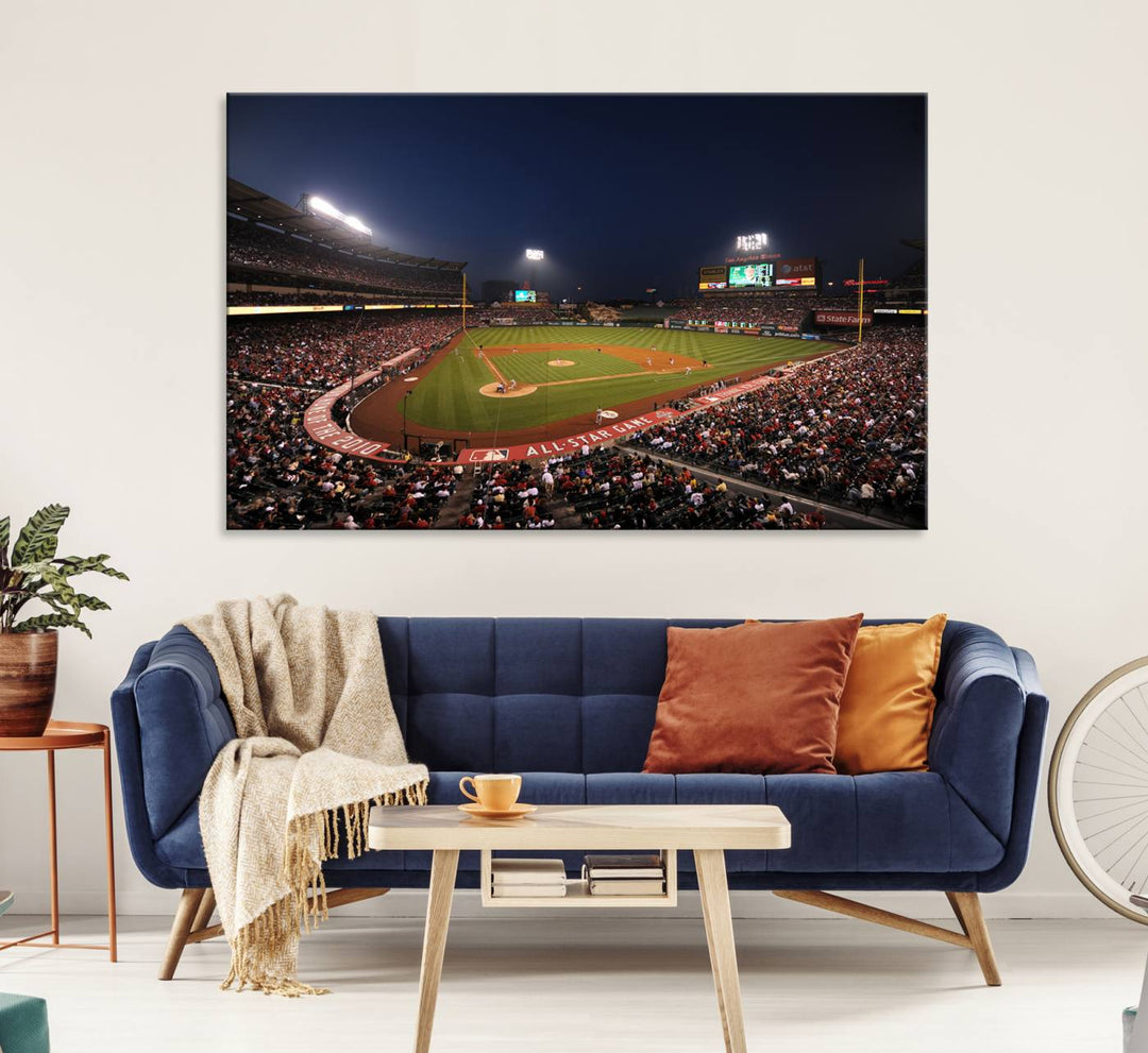 Aerial view of an LA Angels game at night, captured as stunning wall art on premium canvas, handmade in the USA.