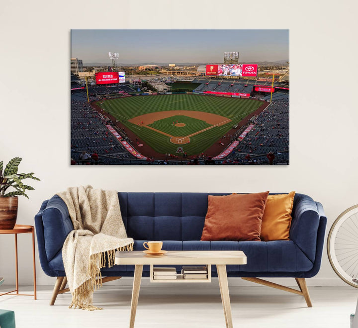 Aerial view of Angel Stadium, perfect as gallery-quality wall art - Los Angeles Angels Canvas Print.