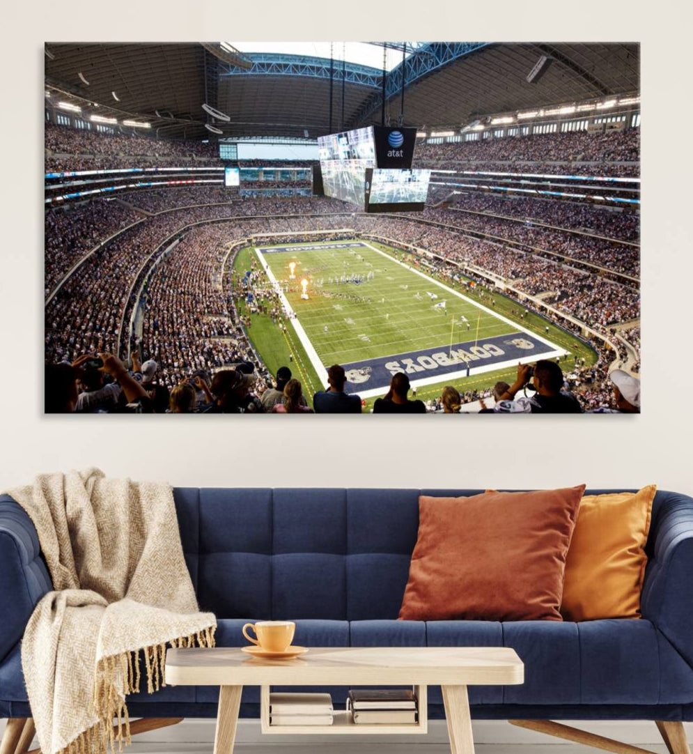 The wall art is a Dallas Cowboys AT&T Stadium Canvas Print, showcasing the iconic logo.