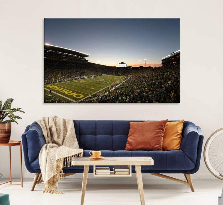 Canvas artwork depicting an Oregon Ducks football game at Autzen Stadium, capturing a sunset and packed stands.