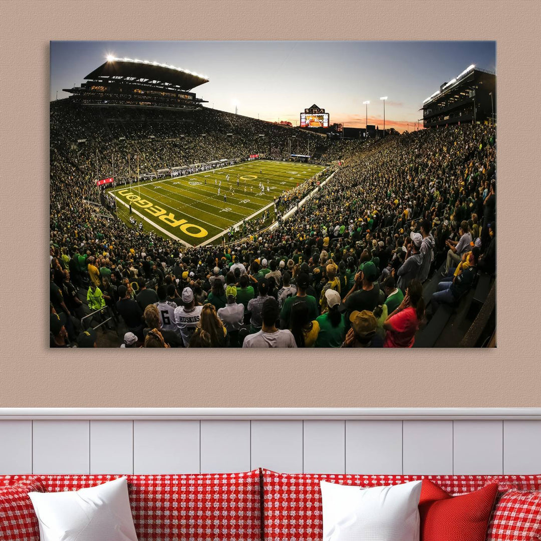 Autzen Stadium Evening Game Triple Canvas Wall Art - Oregon Ducks Football Match