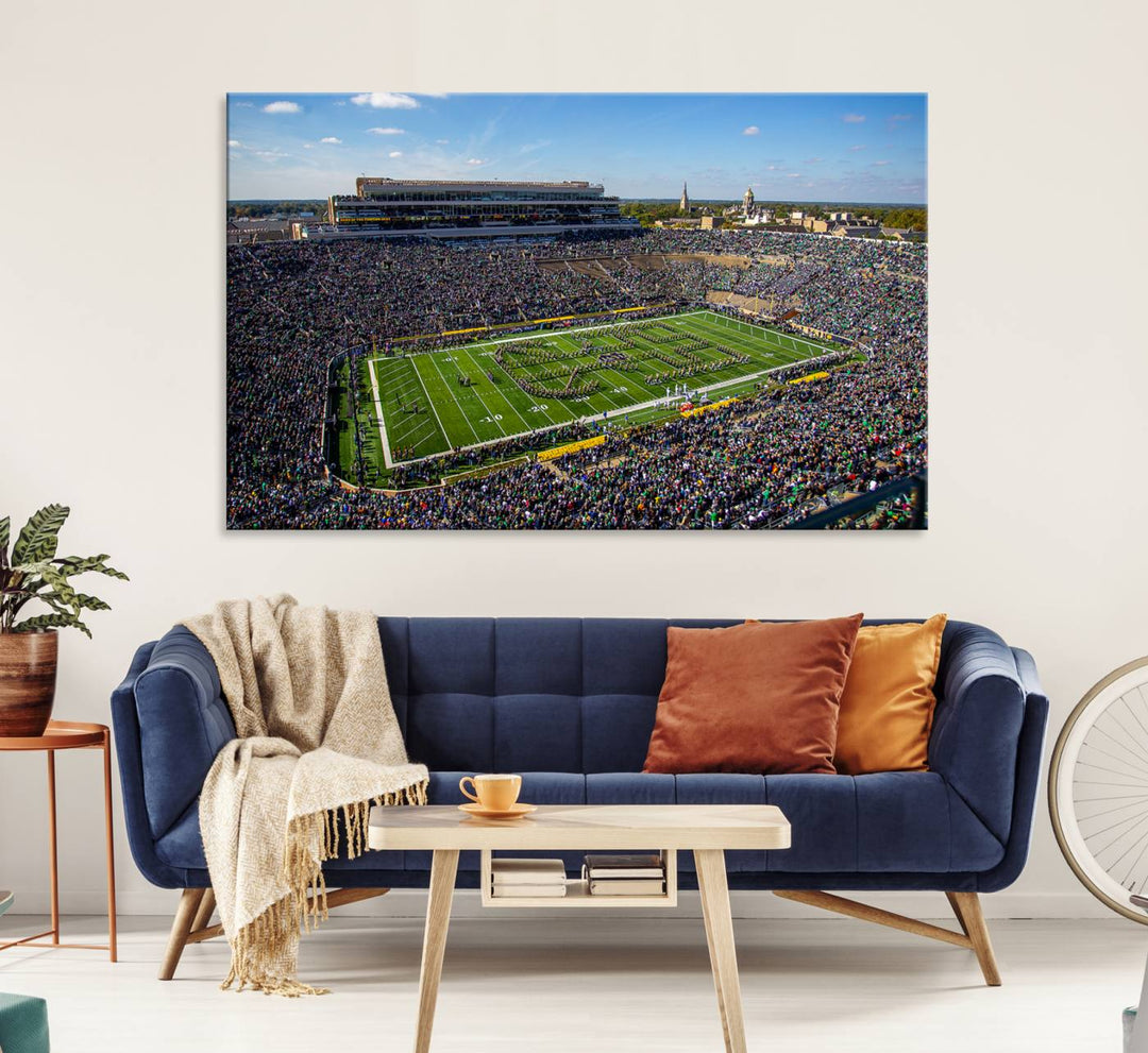 Aerial shot of packed stadium on green; Notre Dame Fighting Irish Stadium Wall Art Canvas Print.