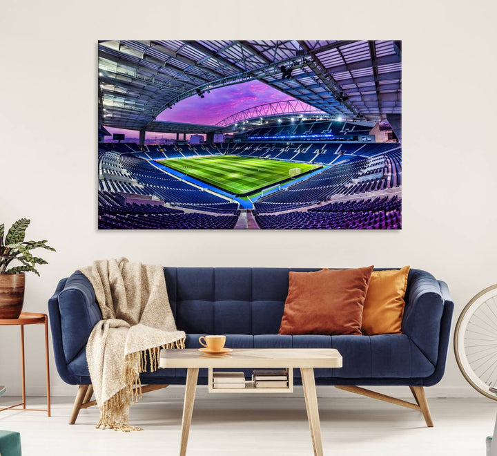 The FC Porto Soccer Team Dragon Stadium Wall Art Canvas Print decorates the room.