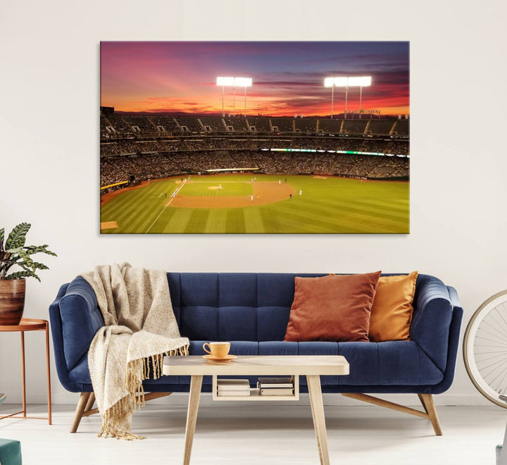 The Oakland Coliseum print is a museum-quality canvas depicting a full crowd and a sunset.