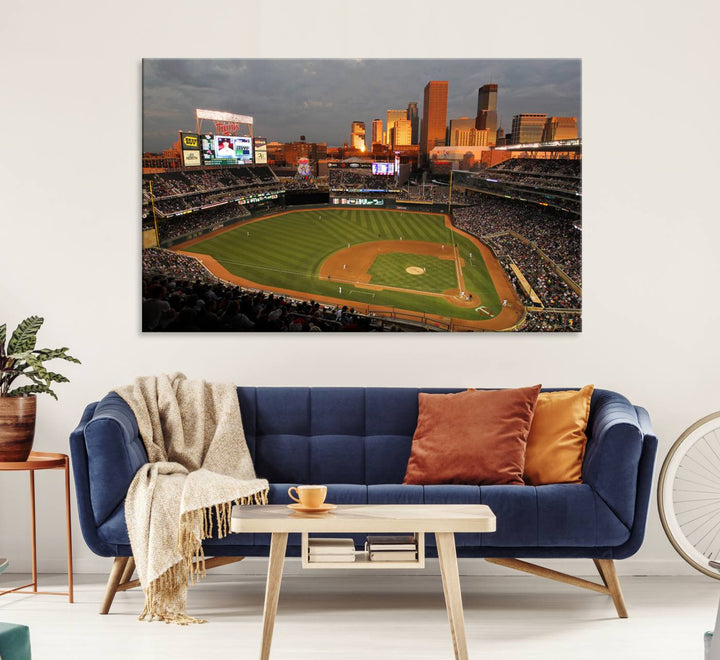 Baseball at Target Field, sunset game, city skyline view.