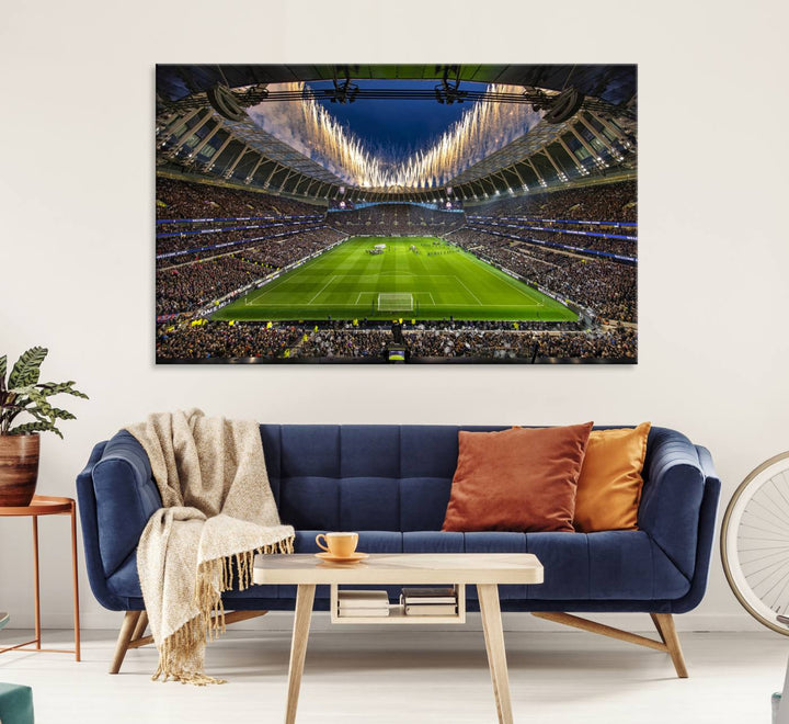 A stunning Tottenham Hotspur Stadium wall art captures the energy of a stadium packed with fans and vibrant lights.