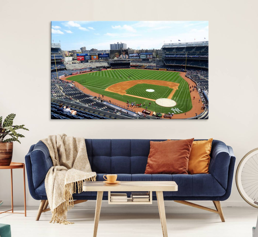 The living room features a Buffalo Bills Stadium wall art.