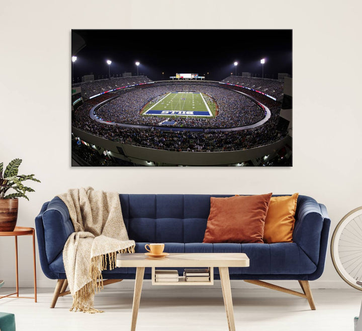 The Buffalo Bills NFL Highmark Stadium at night print captures the bright lights, conveying an exhilarating atmosphere.