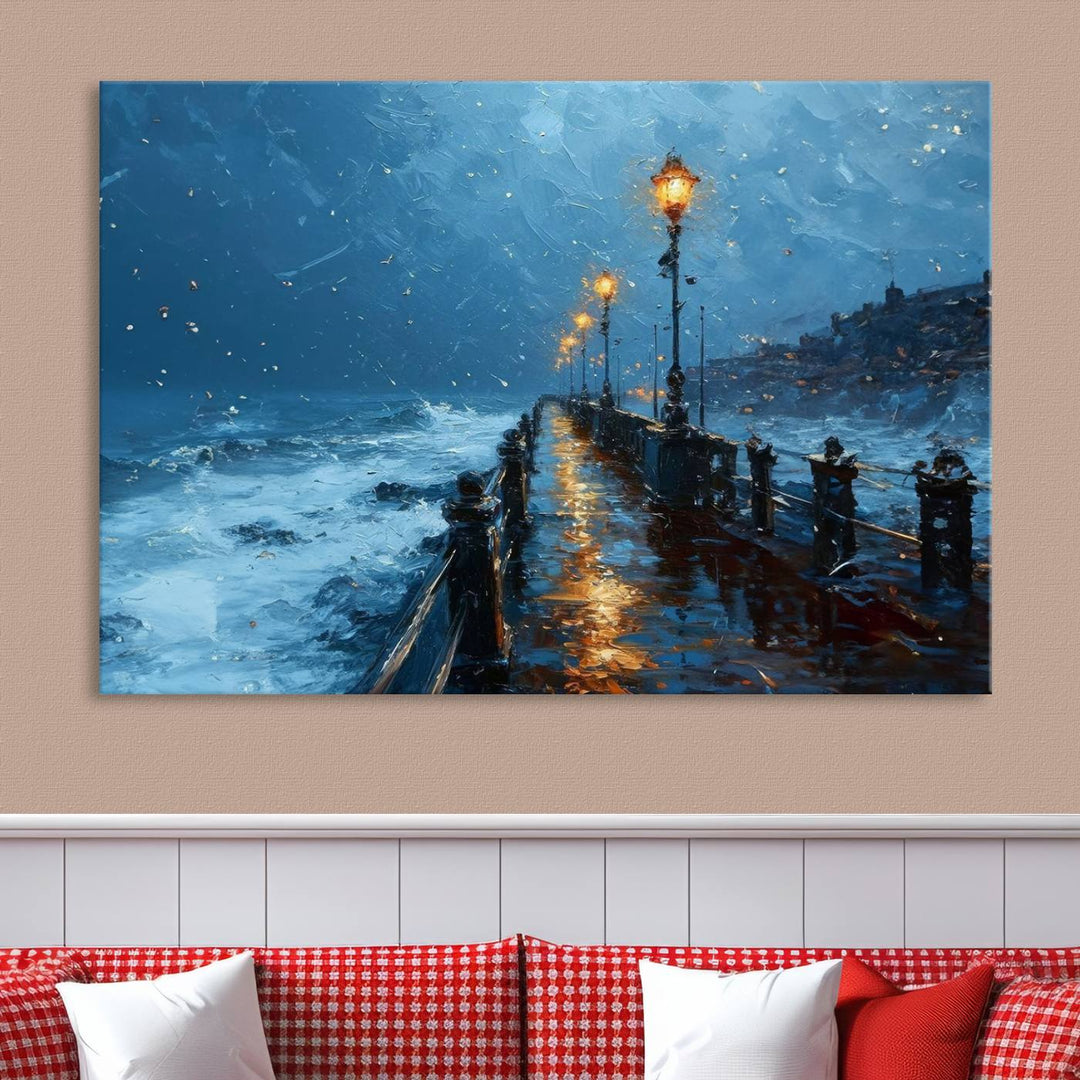 Framed 3-Panel Seaside Night Pier Oil Painting Canvas Wall Art | Ready to Hang Coastal Landscape Art for Modern Living Room, Office, or Bedroom Decor