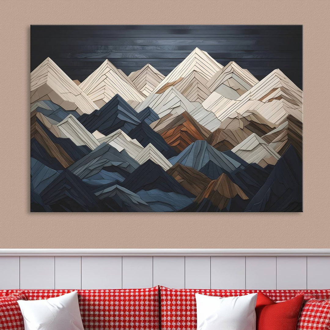 Wood Style Mountain Range Wall Art - Ready to Hang 3-Piece Set for Modern Rustic Decor, Abstract Wooden Design for Living Rooms, Bedrooms & Offices