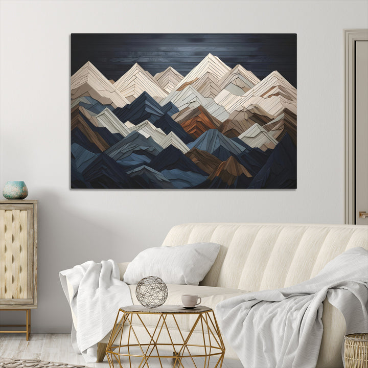 Rustic Mountain Landscape Wall Art Print - Wooden 3D Effect Mountain Canvas Print - Textured Peaks Wall Art for Cabin or Lodge Decor