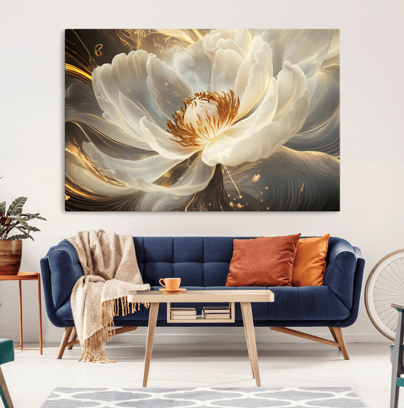 88383-MGV-CV-36X24-Gold Floral Wall Art Canvas Print, Framed Modern Flower Art Picture Print, Golden Abstract Perfect Vintage Decor Artwork