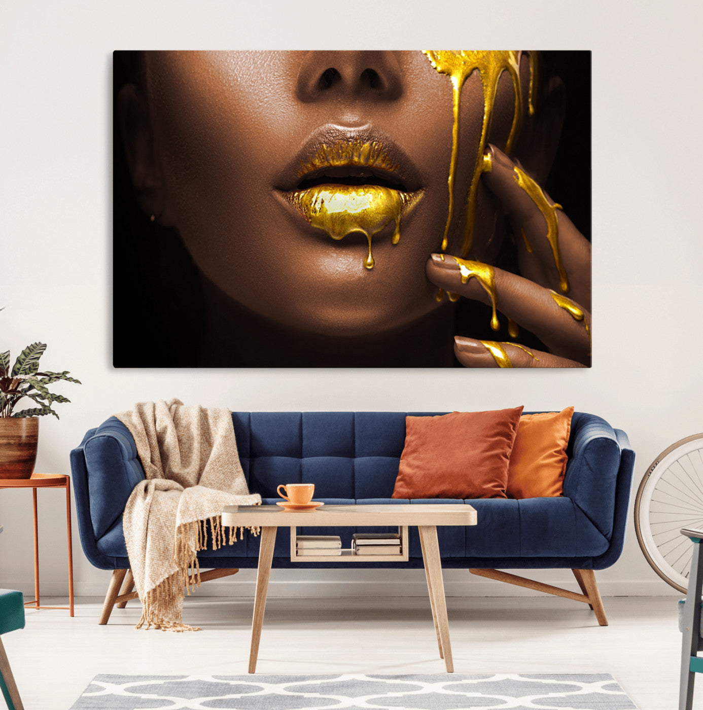 MGV-CV-36X24 - African American Art Black Woman Canvas Print, African Wall Art, Fashion African Woman Gold Lips
