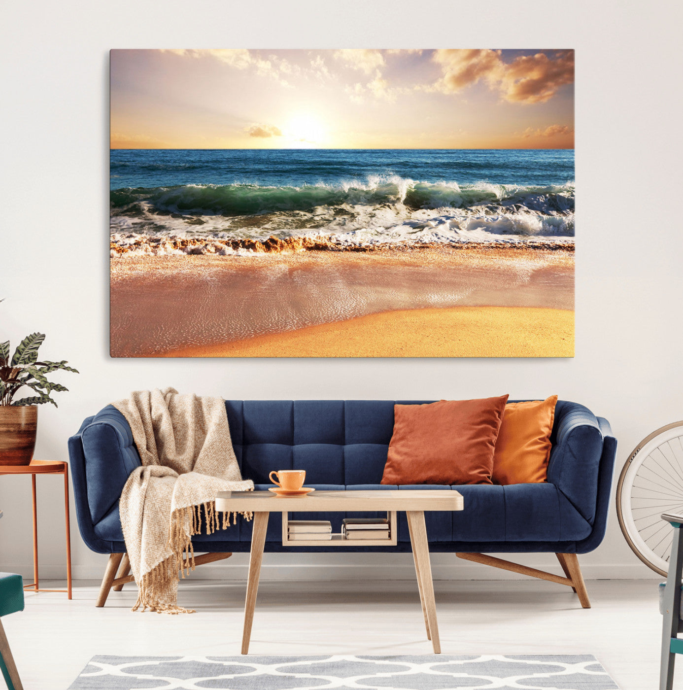 MGV-CV-36X24 - Sunset Beach Wall Art - 3-Panel Framed Canvas Print, Ready to Hang Ocean Sunset for Coastal and