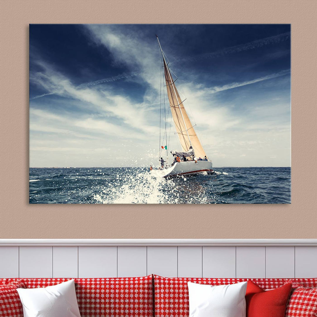 Sailboat Ocean Beach Blue Sky Wall Art Canvas Print