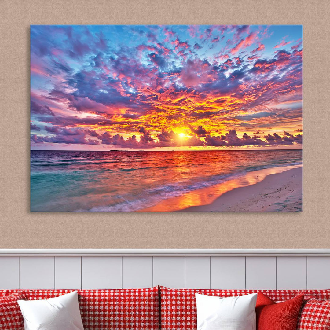 Vibrant Sunset Beach Wall Art | Ocean Sunset Canvas Print | Coastal Wall Art Decor | Ready to Hang | Stunning Sunset Scene for Home or Office Decor