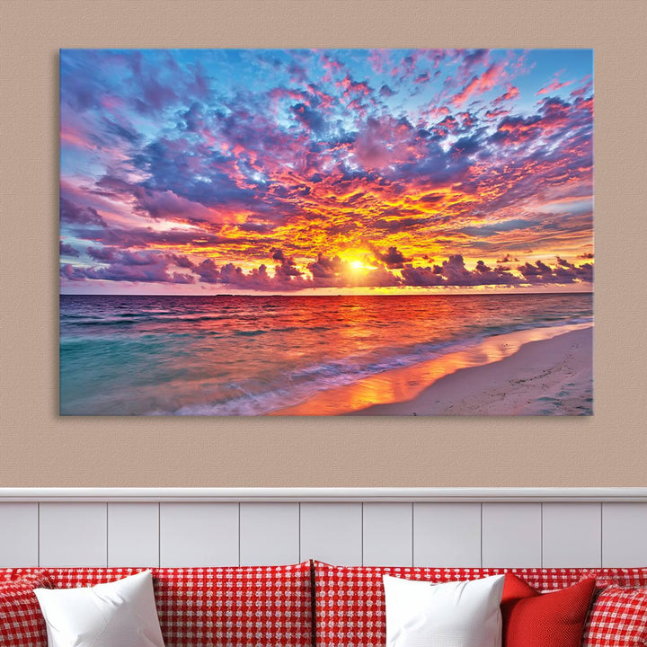 Vibrant Sunset Beach Wall Art | Ocean Sunset Canvas Print | Coastal Wall Art Decor | Ready to Hang | Stunning Sunset Scene for Home or Office Decor