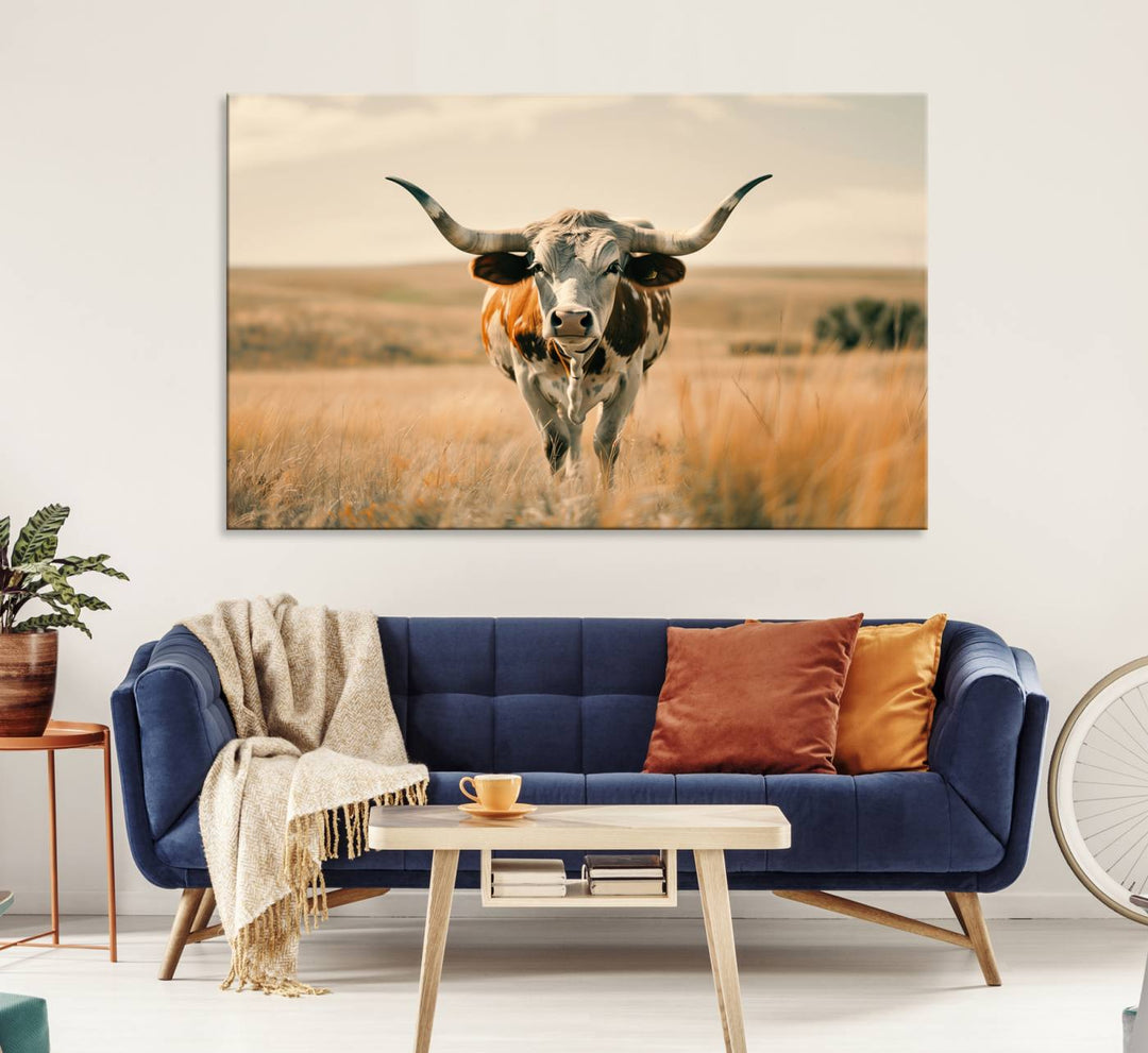 The Texas Cow Longhorn Wall Art Canvas adds rustic charm to the decor.