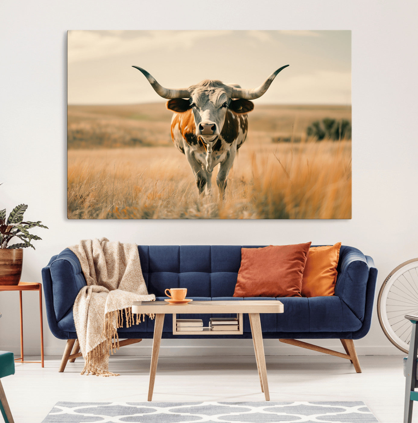 16580-MGV-CV-36X24-Texas Cow Longhorn Wall Art Canvas Print for Farm House Wall Decor, Farmhouse Cow Print Canvas Wall