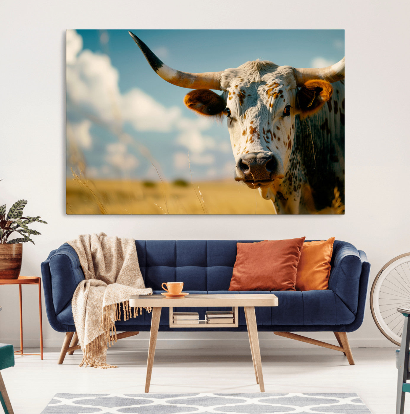 MGV-CV-36X24 - Longhorn in the Prairie - Stunning Ranch-Style Triptych Wall Art for Western Home Decor, Cowboy Wall