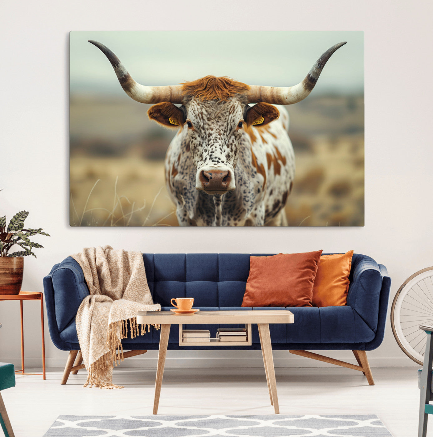 MGV-CV-36X24 - Texas Cow Longhorn Wall Art Canvas Print for Farm House Wall Decor, Farmhouse Wall Art Print