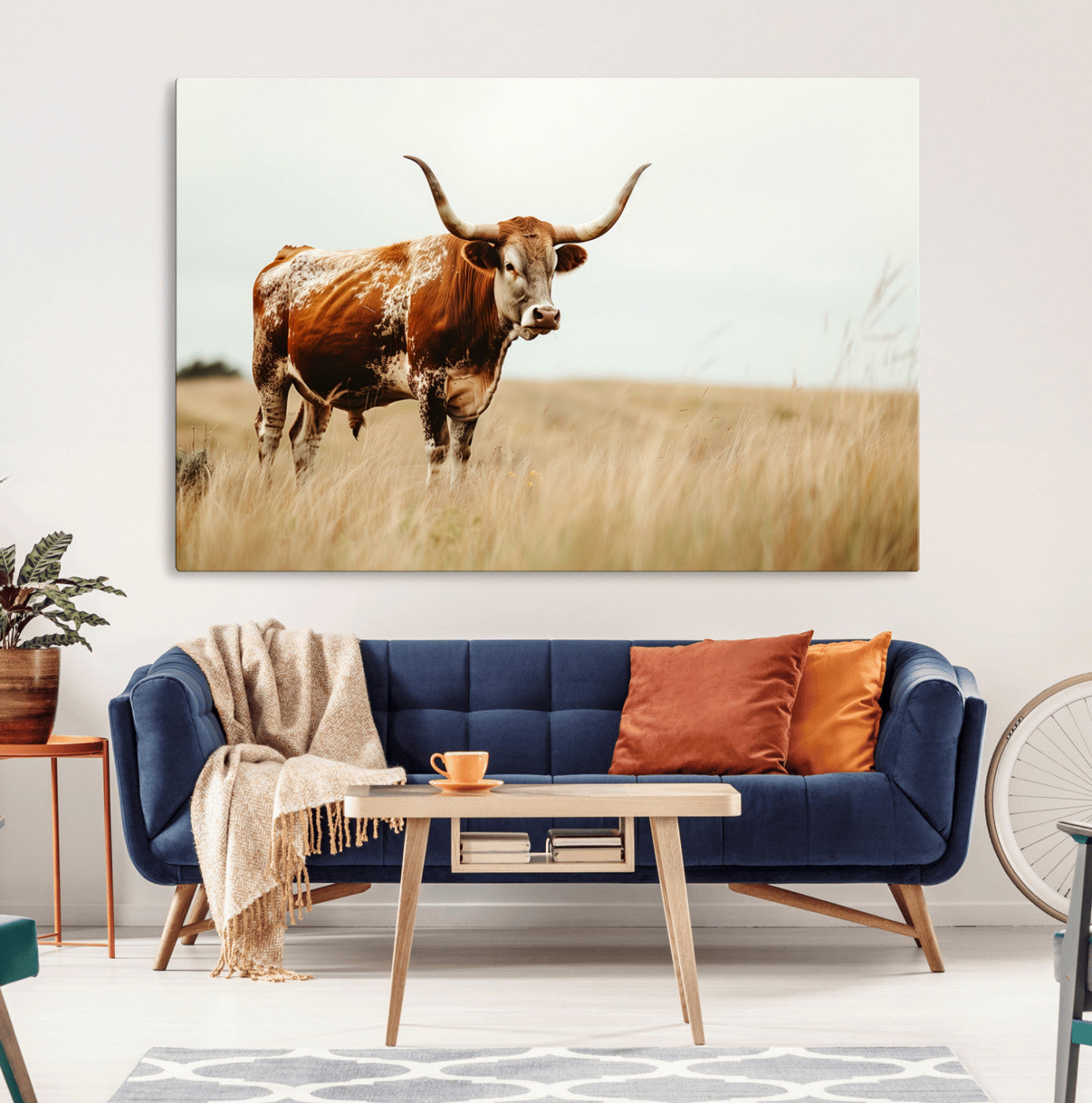 62910-MGV-CV-36X24-Texas Longhorn Canvas Wall Art Print – Majestic Western Cattle in Rustic Farmhouse Decor – Cow Wall