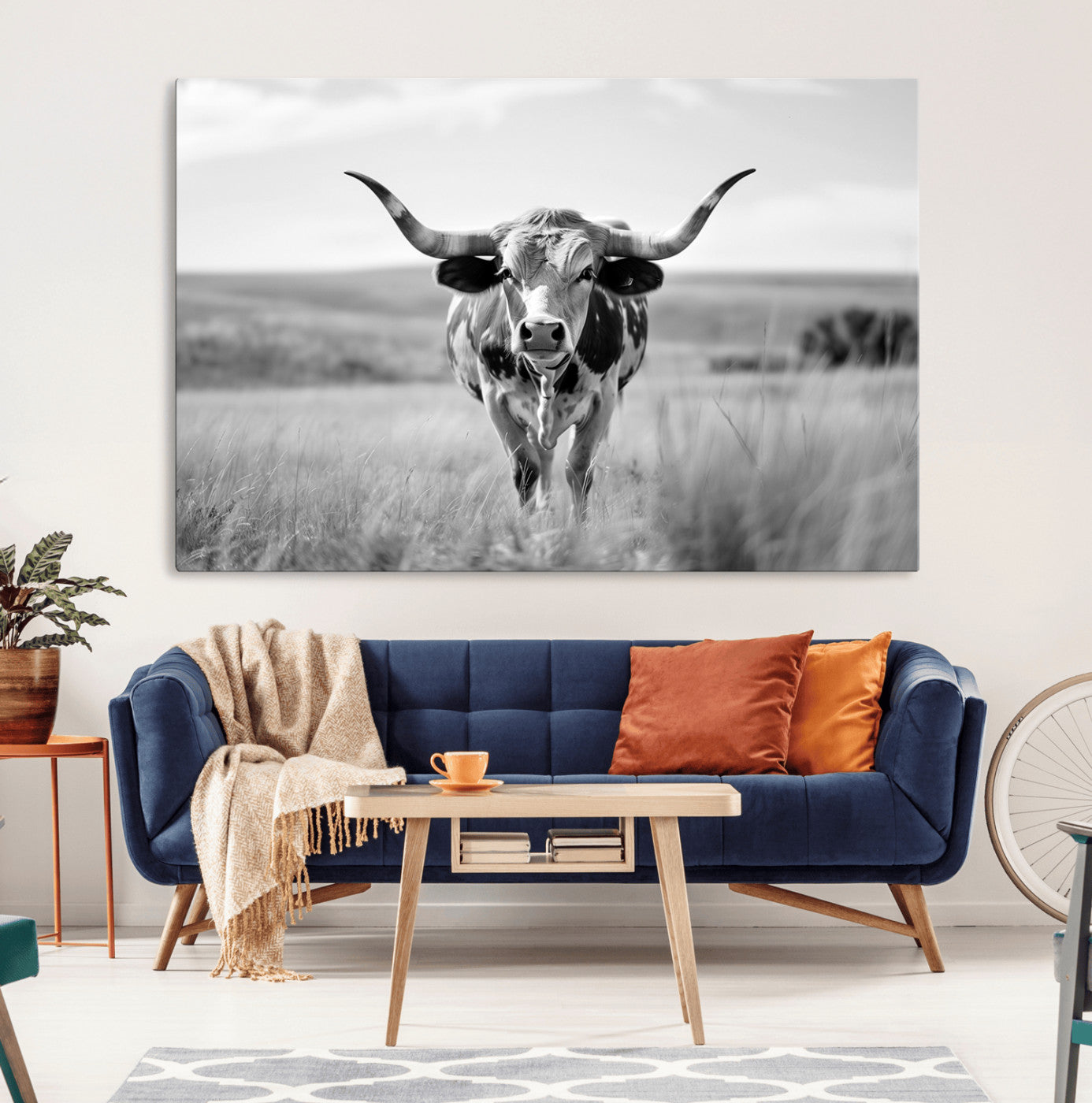 MGV-CV-36X24 - Texas Cow Longhorn Wall Art Canvas Print for Farm House Wall Decor, Farmhouse Wall Art Print