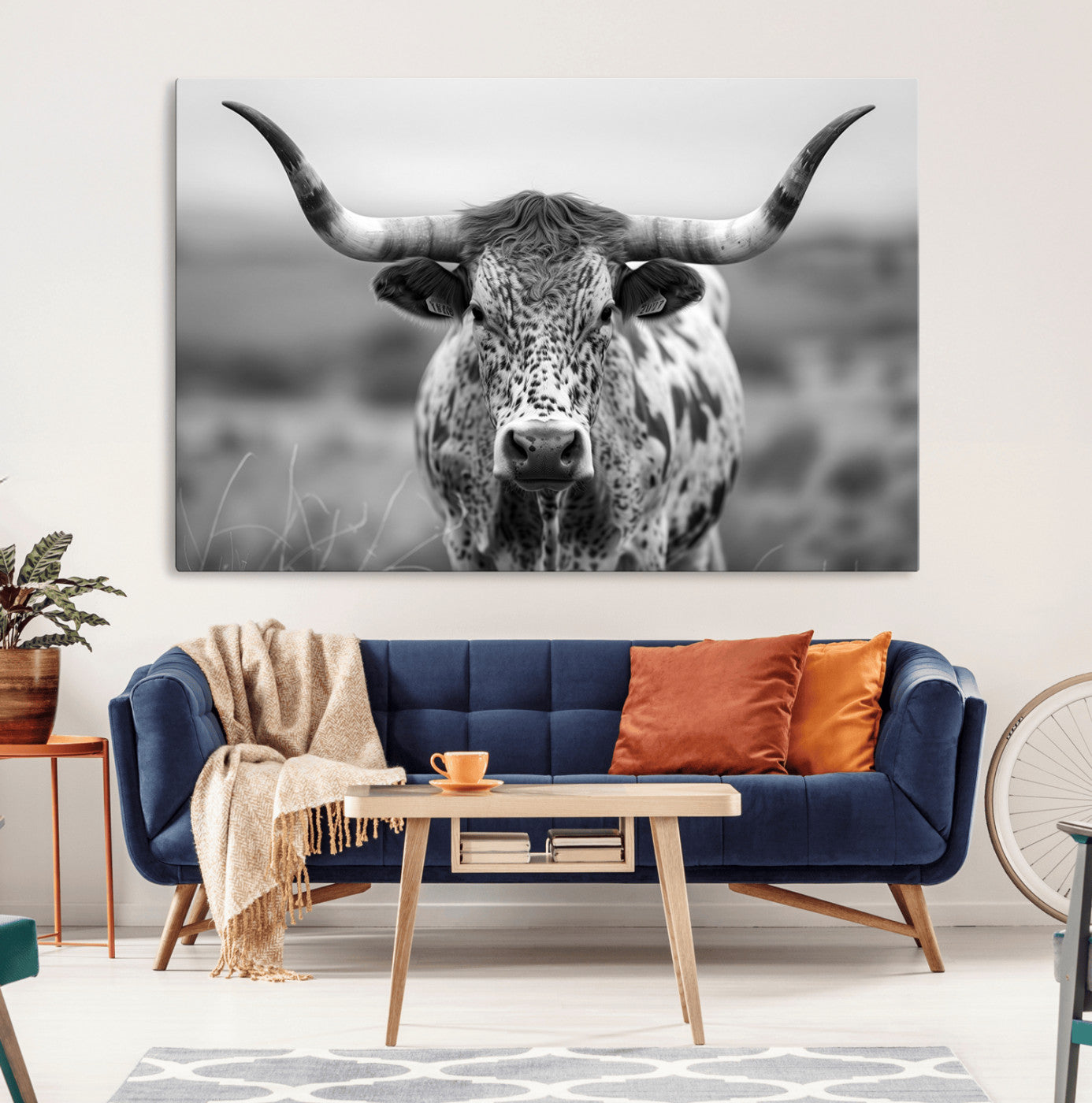 MGV-CV-36X24 - Texas Cow Longhorn Wall Art Canvas Print for Farm House Wall Decor, Farmhouse Wall Art Print