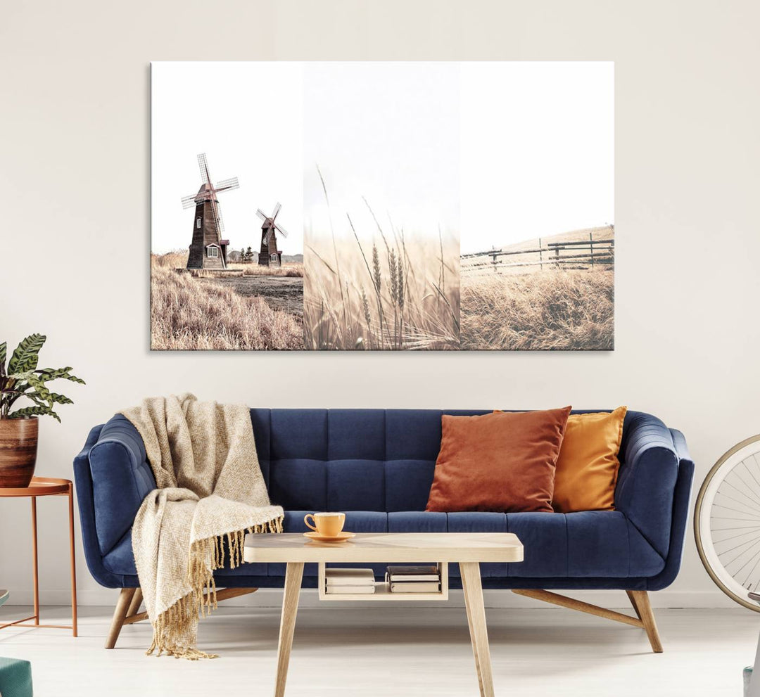 Farmhouse wall art set: 3 giclee canvas prints featuring windmills and wheat fields.