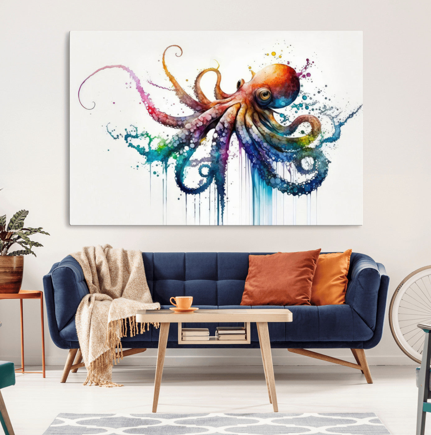 19374-MGV-CV-36X24-Watercolor Vibrant Octopus Wall Art Canvas Print | Abstract Sea Life Art | Colorful Marine Creature