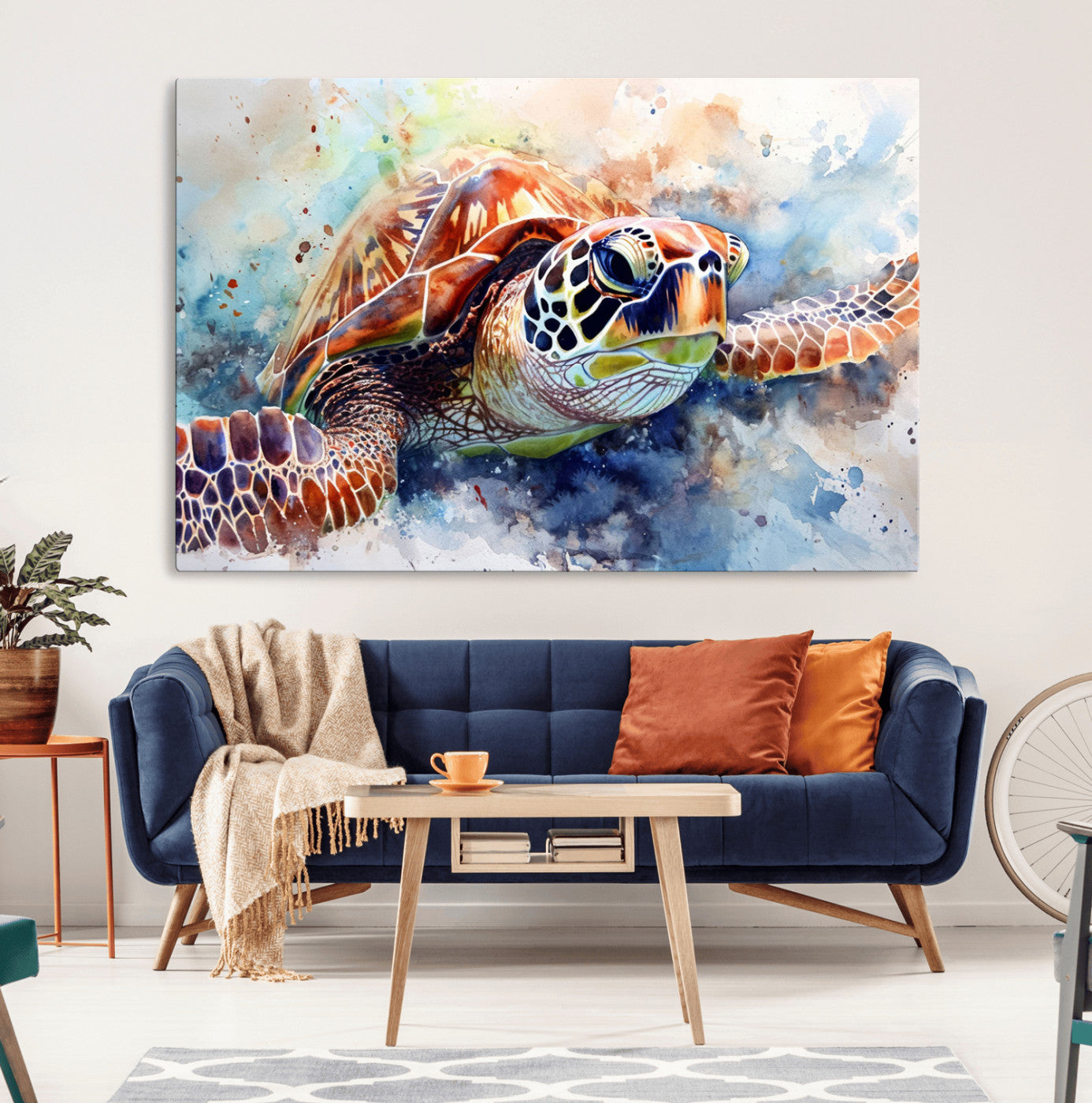 MGV-CV-36X24 - Watercolor Sea Turtle Wall Art Canvas Print - Vibrant Ocean Colors in Watercolor Style - Ready to