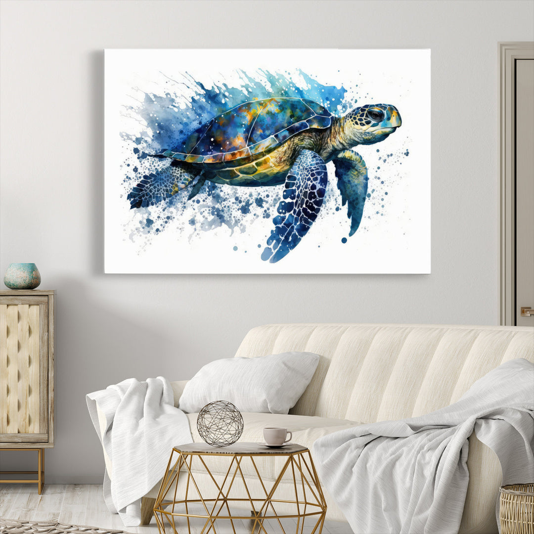 The Turtle Wall Art Print, featuring blue splashes, beautifully showcases Ocean Life.