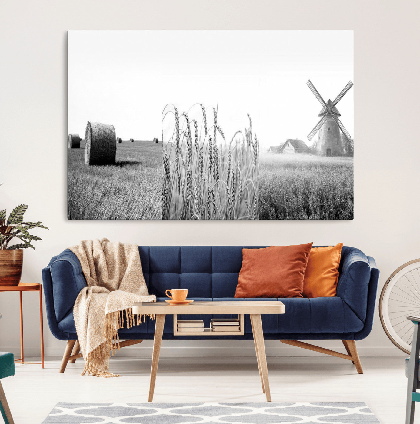 MGV-CV-36X24 - Vintage Farmhouse Black and White Triptych Wall Art – Giclee Canvas Featuring Wheat Fields, Hay