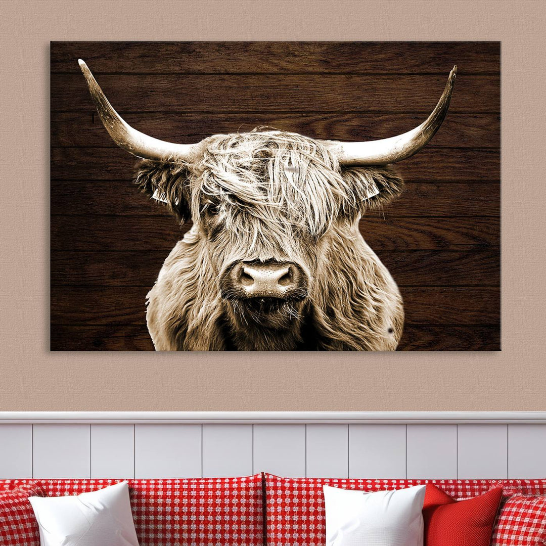 Highland Cow Wall Art Canvas Print: Majestic Scottish bull on rustic decor, ready to hang.