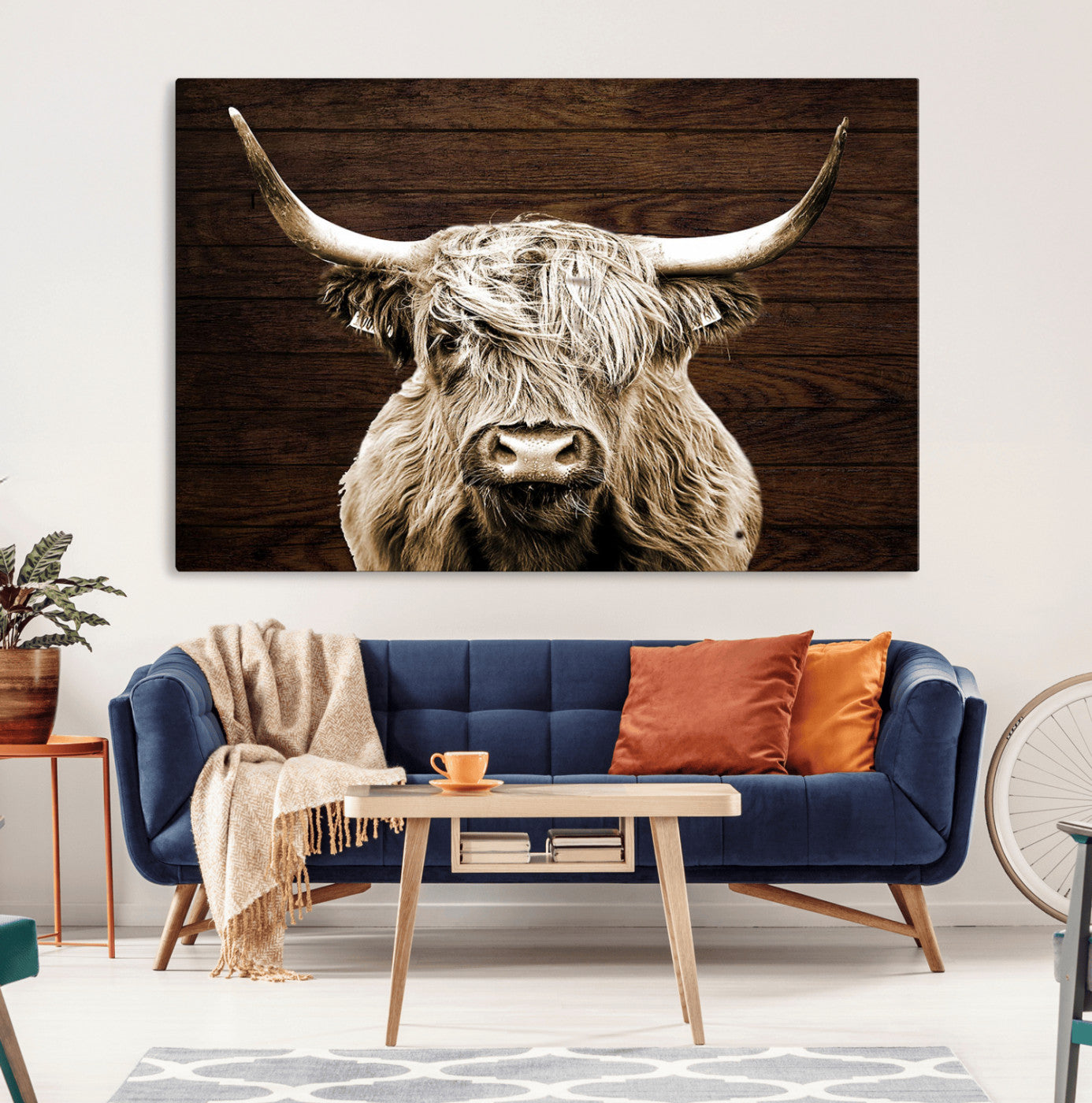 MGV-CV-36X24 - Highland Cow Wall Art Canvas Print, Rustic Farmhouse Decor, Majestic Scottish Highland Bull Portrait