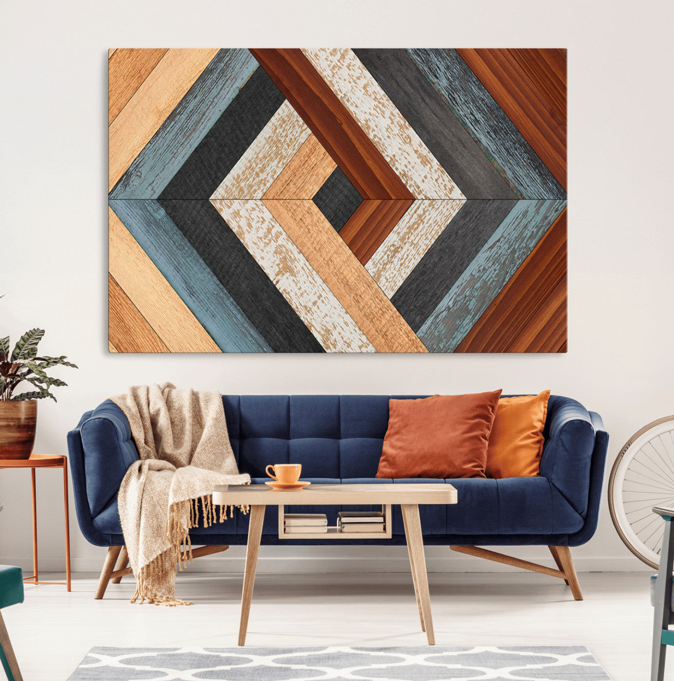 MGV-CV-36X24 - Geometric Wood Art Wall Decor Canvas Print, Rustic Wooden Pattern Triptych Wall Art for Living Room