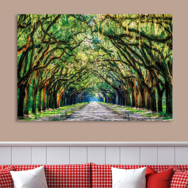 Serene Tree Tunnel Wall Art Canvas Print – Pathway Under Canopy of Lush Green Trees, Nature-Inspired Decor for Living Room – Ready to Hang