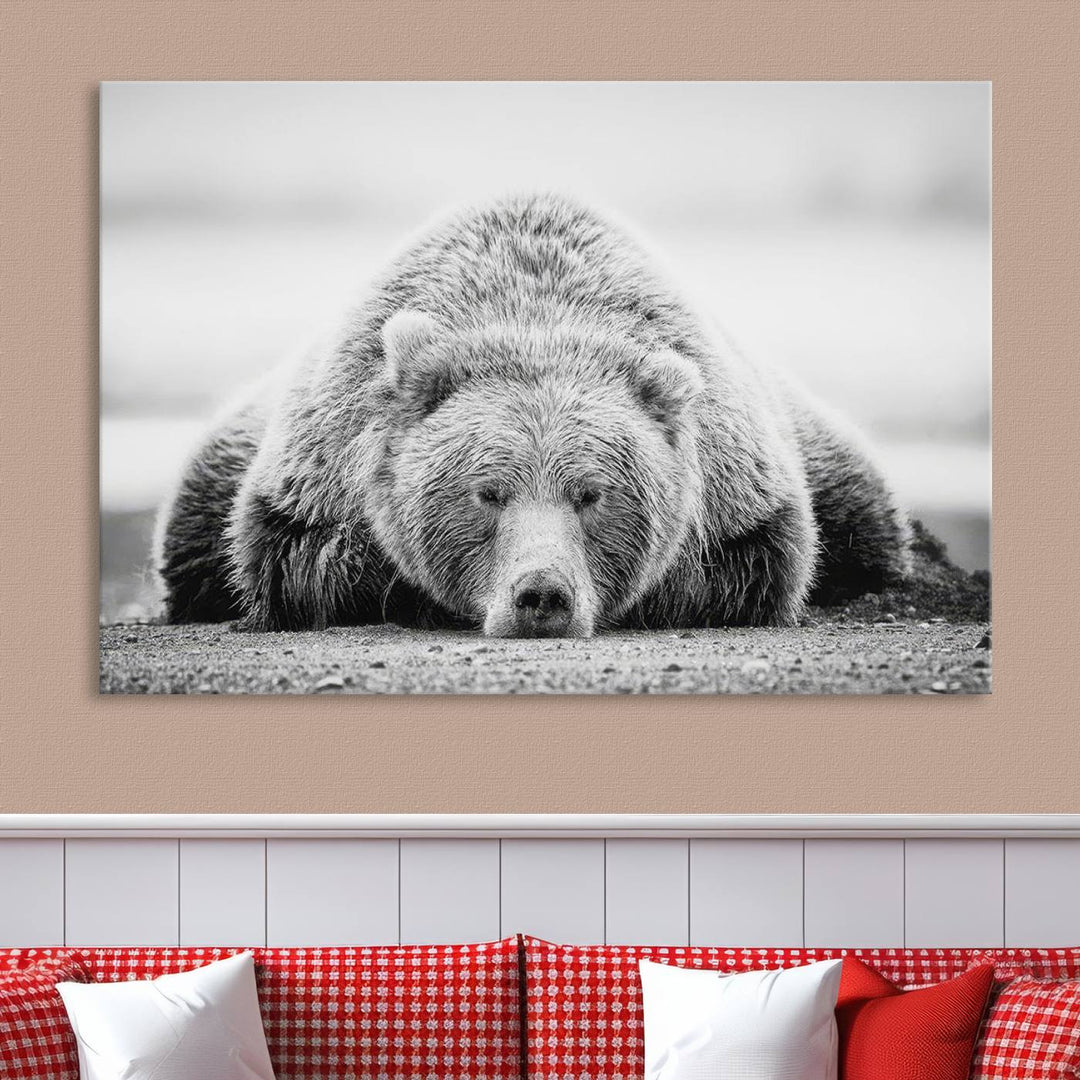 Resting Bear Wall Art Canvas Print – Majestic Lazy Black and White Wildlife Bear Art, Perfect for Nature-Inspired Home Decor – Ready to Hang