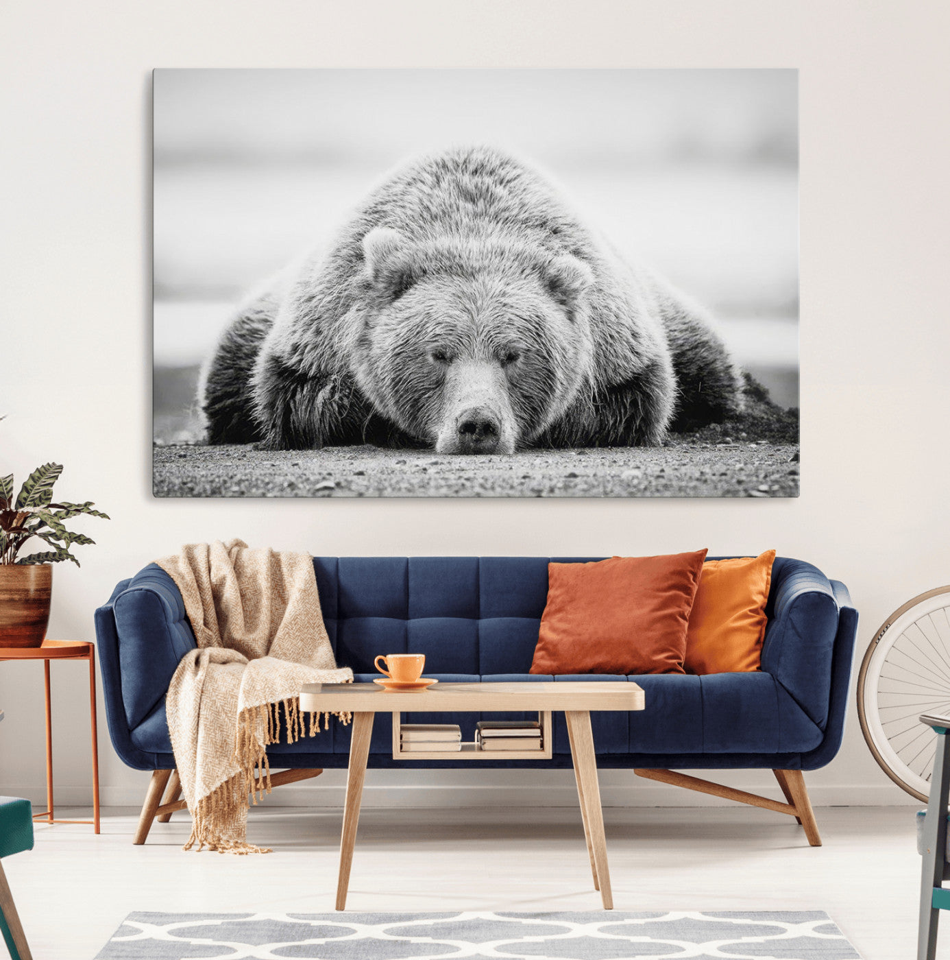 MGV-CV-36X24 - Resting Grizzly Bear Wall Art Canvas Print – Majestic Lazy Black and White Wildlife Bear Art,