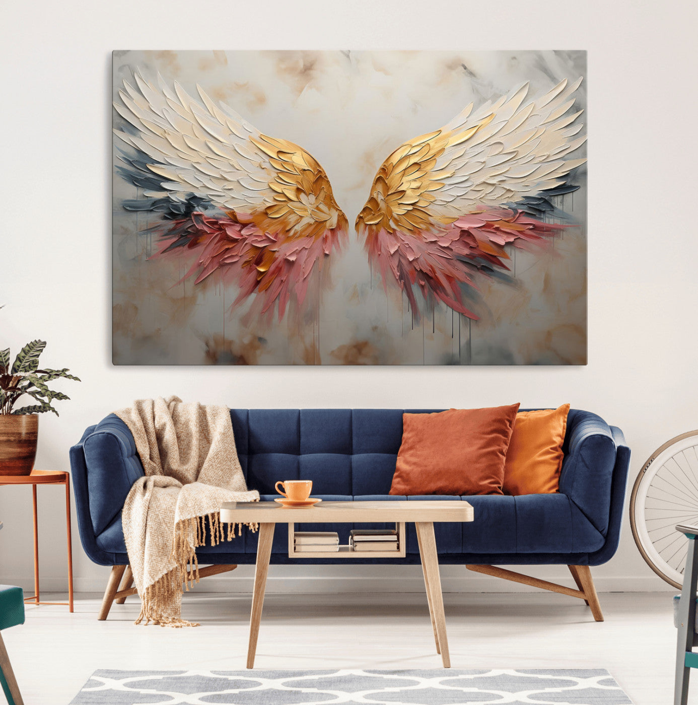 MGV-CV-36X24 - Golden Angel Wings Wall Art Canvas Print – Stunning Abstract Winged Art for Elegant Home Decor –