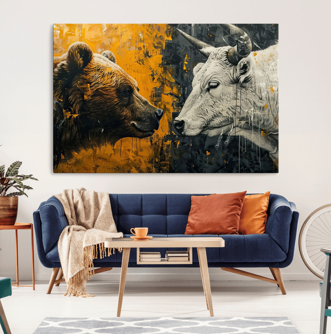 MGV-CV-36X24 - Bear and Bull Wall Art Canvas Print – Abstract Animal Portrait Painting for Modern Home Decor –