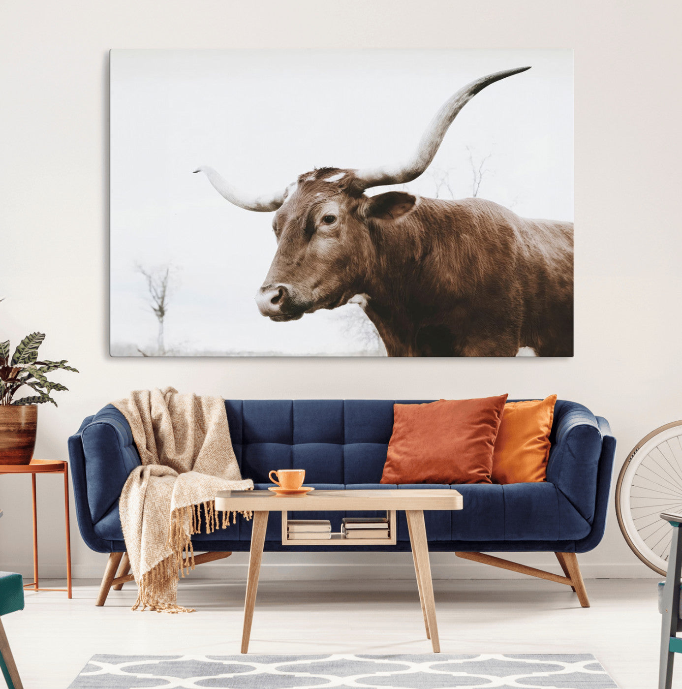 MGV-CV-36X24 - Rustic Bull Wall Art Canvas Print – Modern Longhorn Farmhouse Animal Decor – Abstract Farm Cow