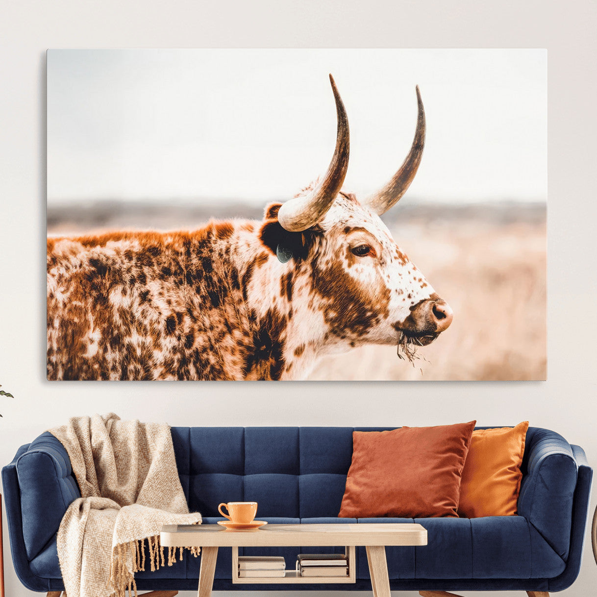 MGV-CV-36X24 - Speckled Bull Wall Art Canvas Print – Rustic Cow Longhorn Farmhouse Animal Decor – Western Longhorn