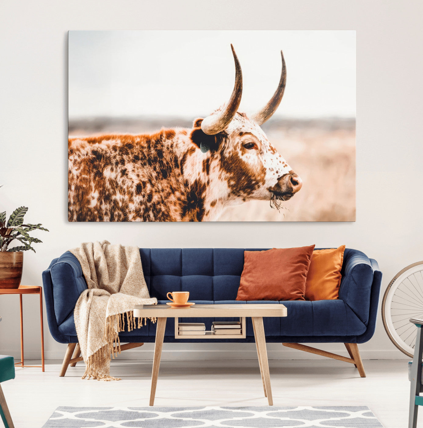 -Speckled Bull Wall Art Canvas Print – Rustic Cow Longhorn Farmhouse Animal Decor – Western Longhorn