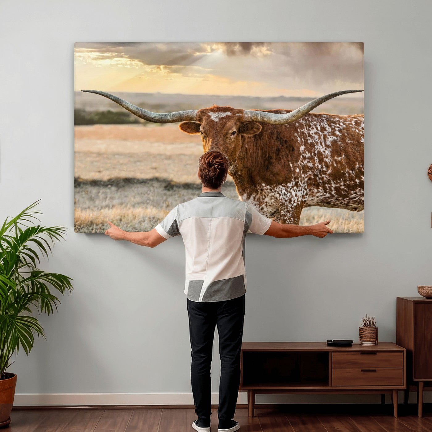 42715-MGV-CV-36X24 - Texas Longhorn Wall Art Canvas Print, Rustic Ranch Decor, Majestic Western Longhorn Cattle