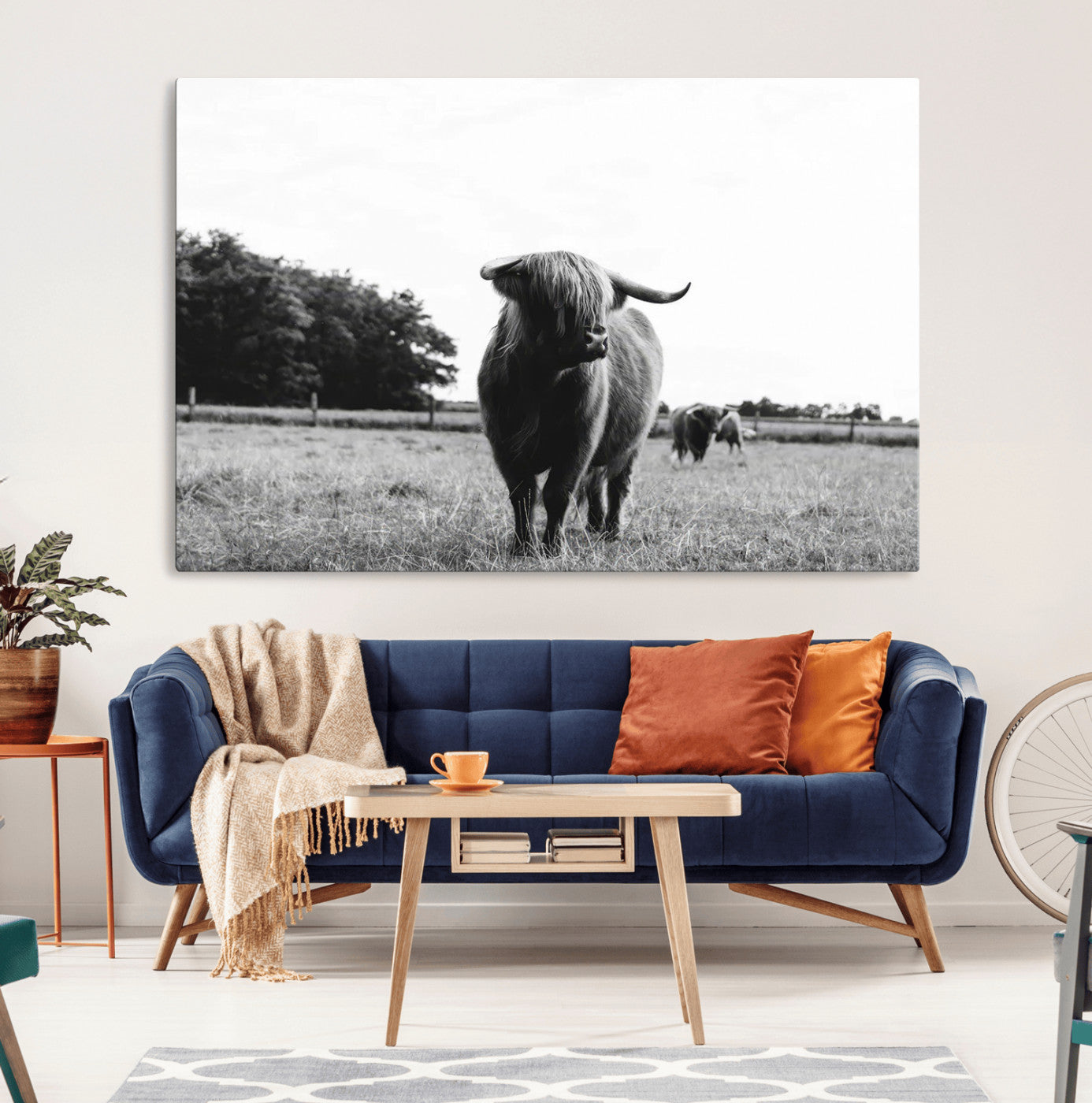 MGV-CV-36X24 - Black and White Highland Cow Wall Art Canvas Print | Rustic Western Decor for Living Room or Office,