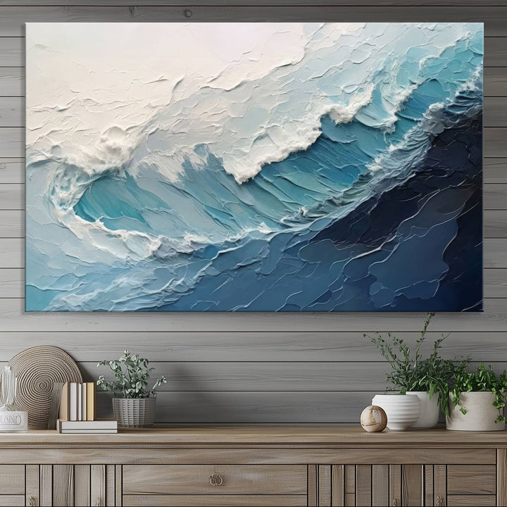 The Blue Abstract Wave Ocean Wall Art Canvas Print hangs prominently.